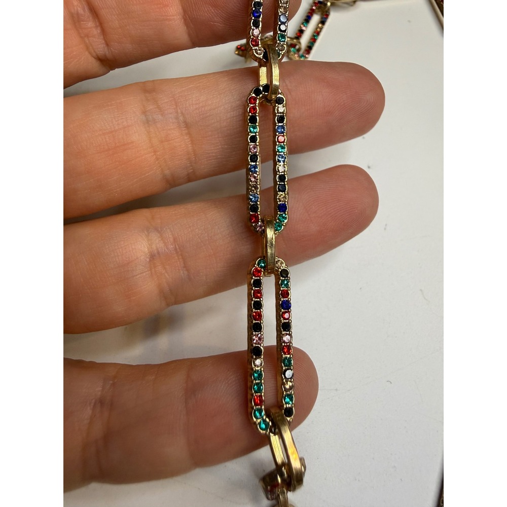 Multicolor Rhinestone Gold Tone Paperclip Necklace Rainbow Statement 16-19"